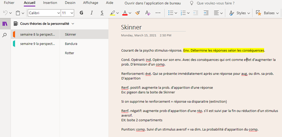 Exemple d'interface OneNote